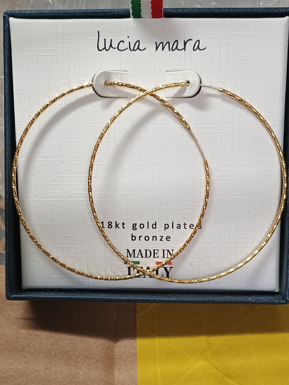 Lucia Mara 18K Gold Plated Bronze Diamond Cut Textured Hoop Earrings Italy NIB
